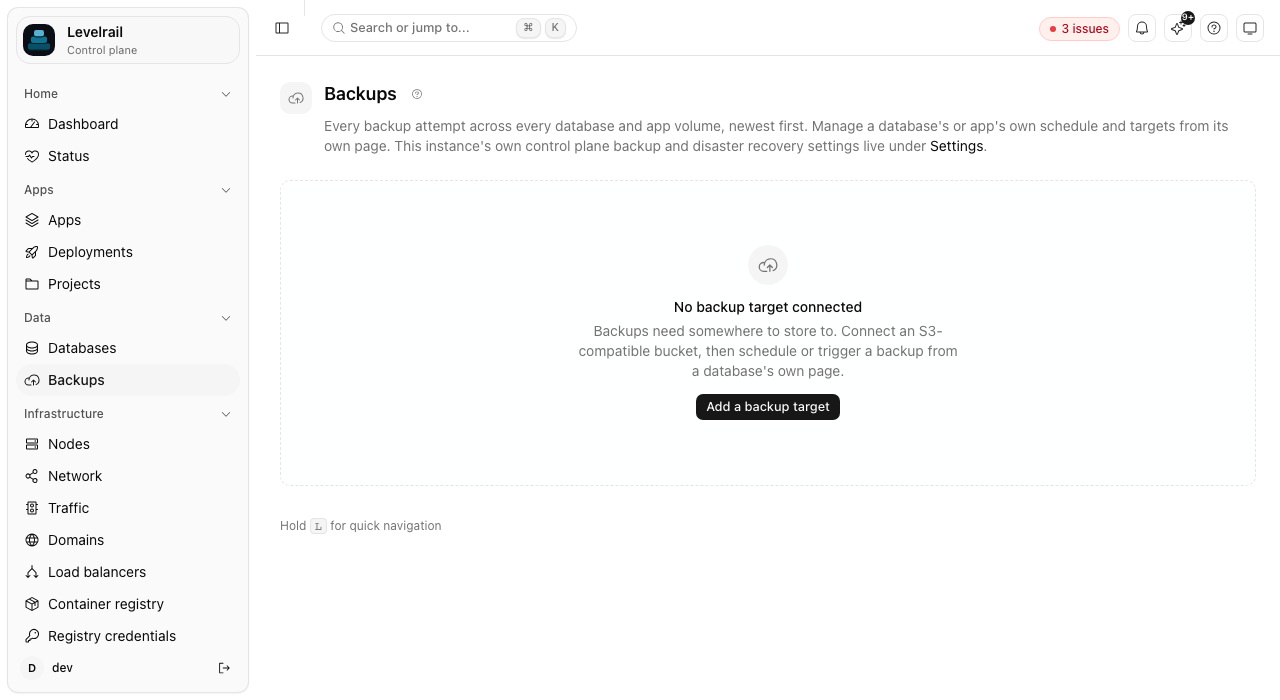 The Backups page, which asks for a backup target on a fresh install