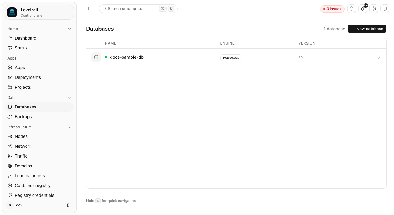 The Databases page listing a healthy Postgres 16 database