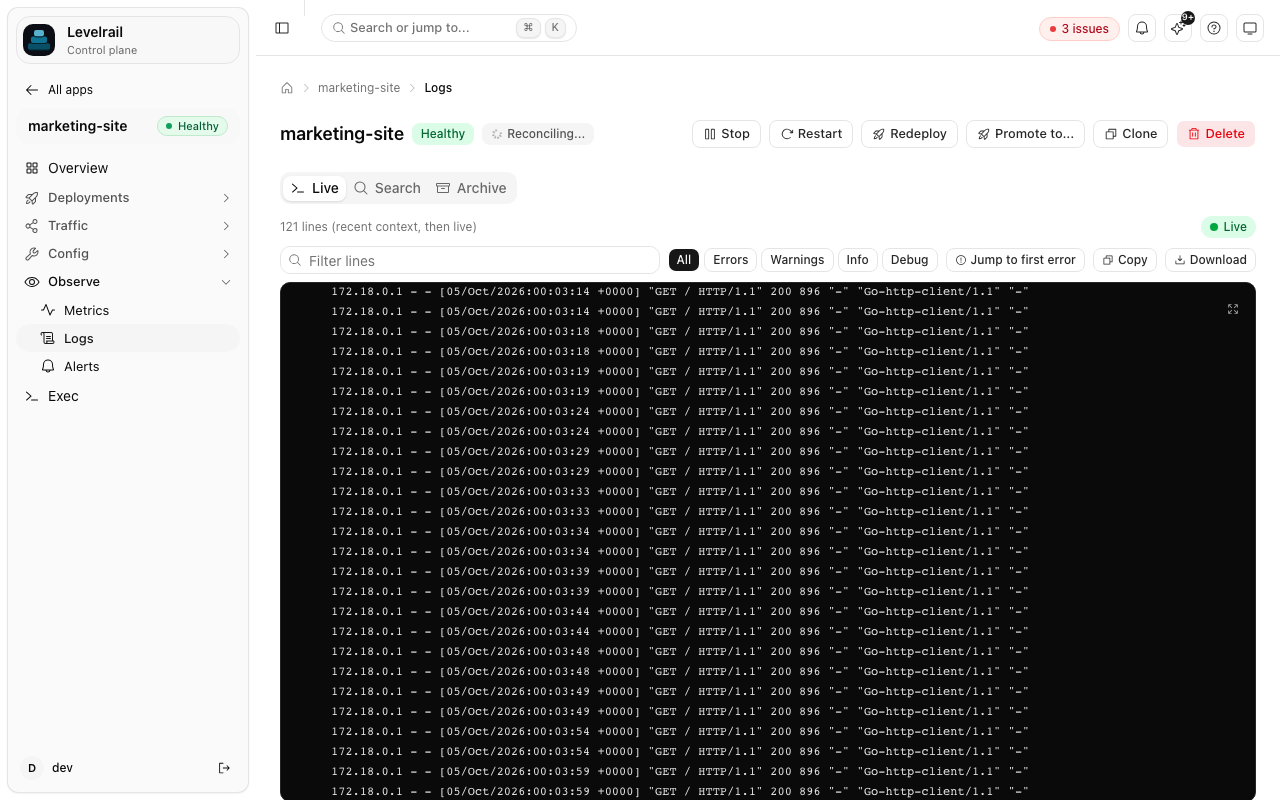 The log viewer with full-text search and a live tail