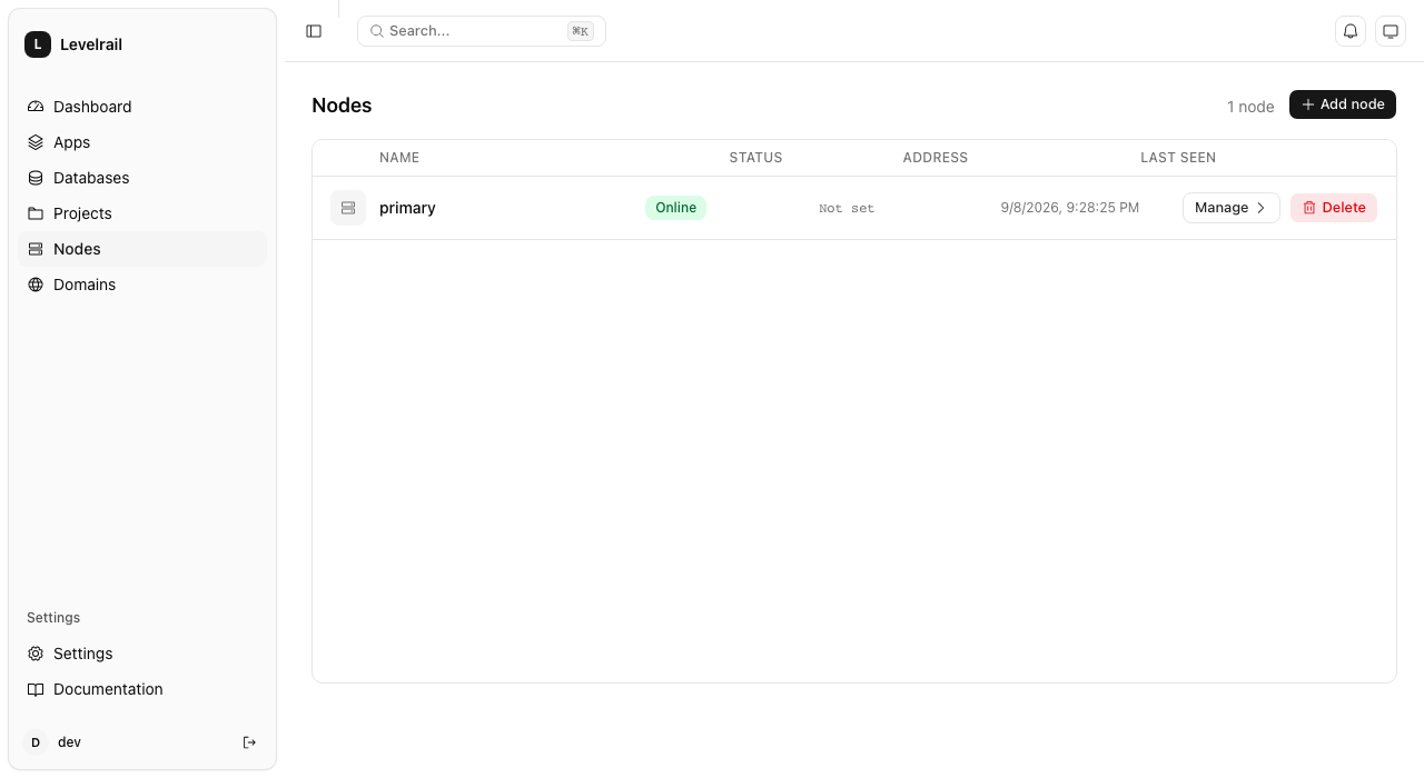 Levelrail nodes list showing node health and placement