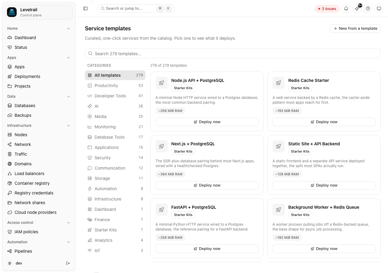 The service templates page with search, categories, and Deploy now cards