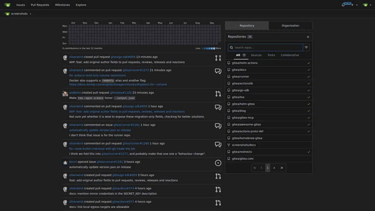 The Gitea home dashboard showing the activity feed and repository list