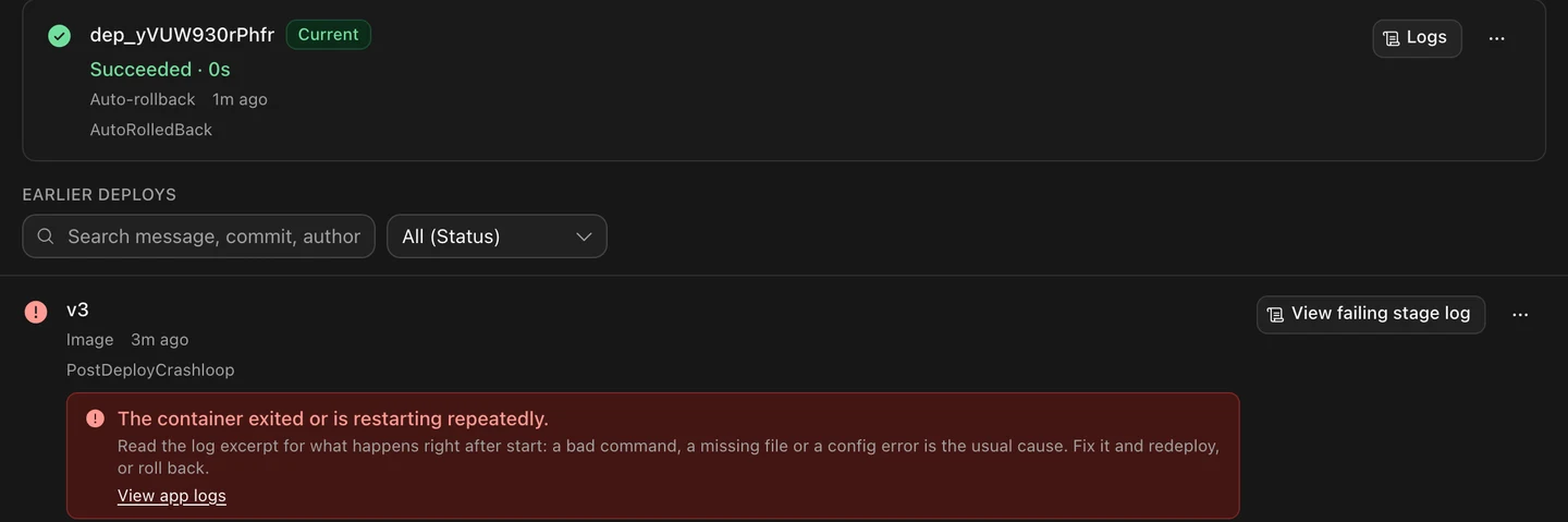 The deploy history with a failed v3 row marked PostDeployCrashloop and the auto rollback row above it