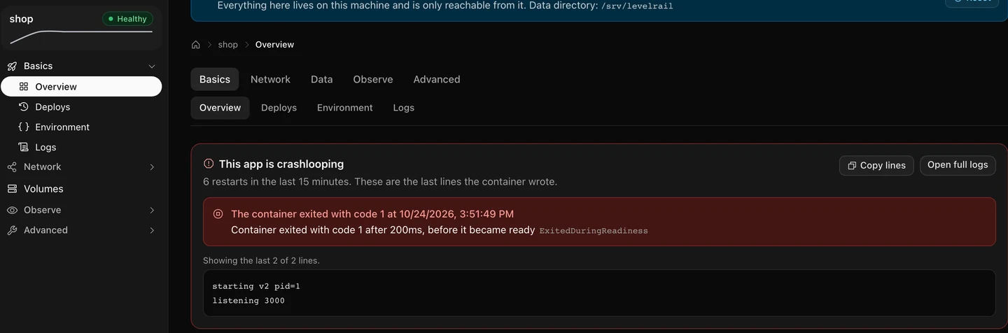 The app showing a Healthy badge in the sidebar while the crashlooping banner is still visible