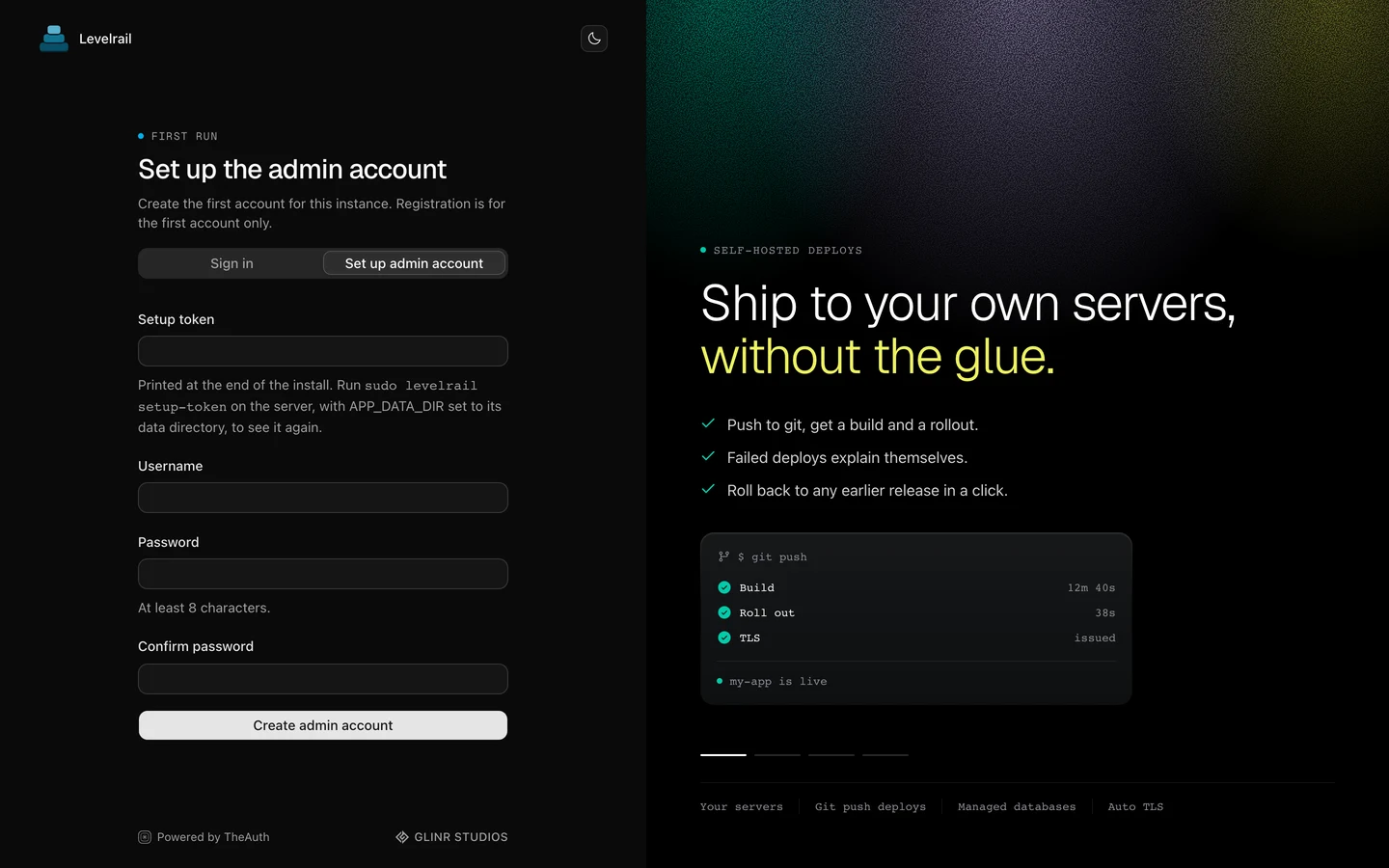 The Set up the admin account page with fields for setup token, username and password