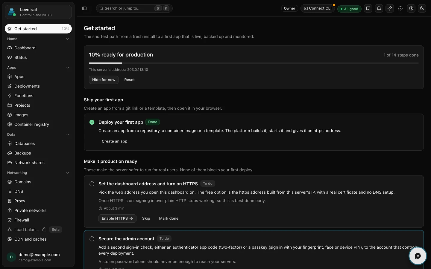 The Get started checklist showing Deploy your first app done and production steps still to do