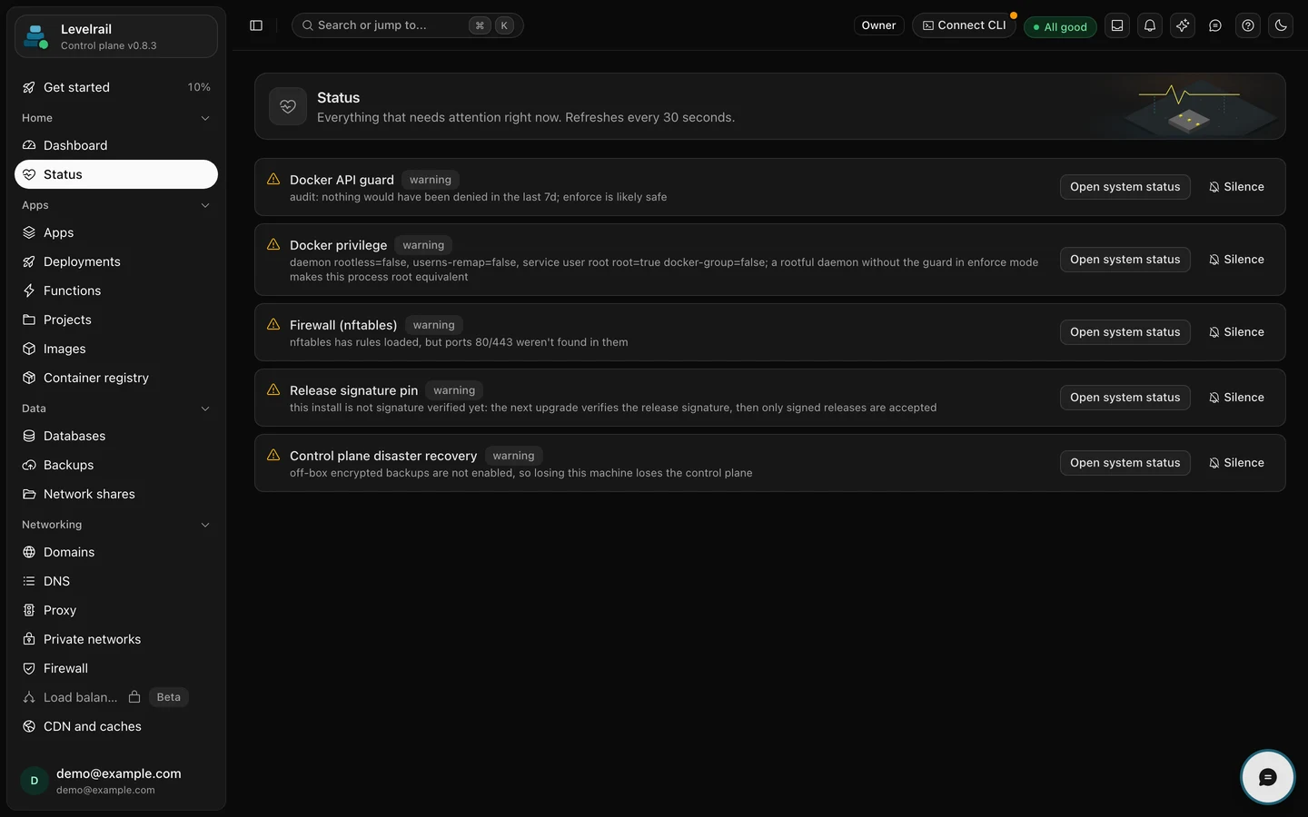 The Status page listing warnings a fresh install raises, with fix buttons