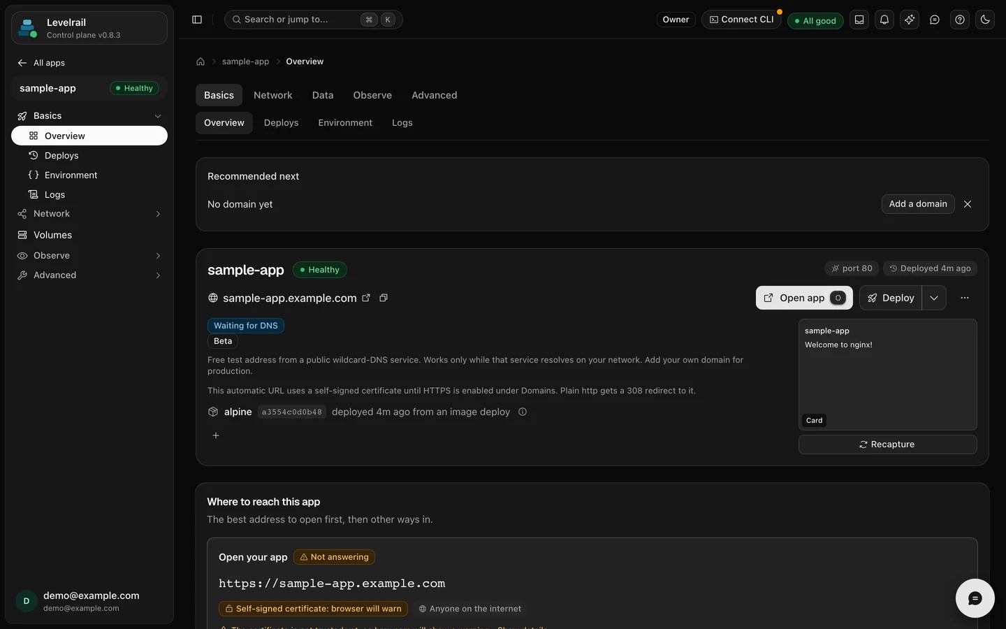 The sample app overview with a green Healthy pill and its automatic address