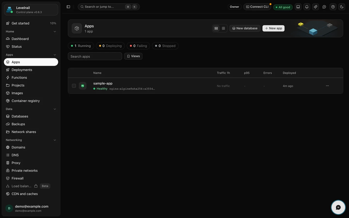 The Apps list with sample-app running nginx alpine and a green Healthy status