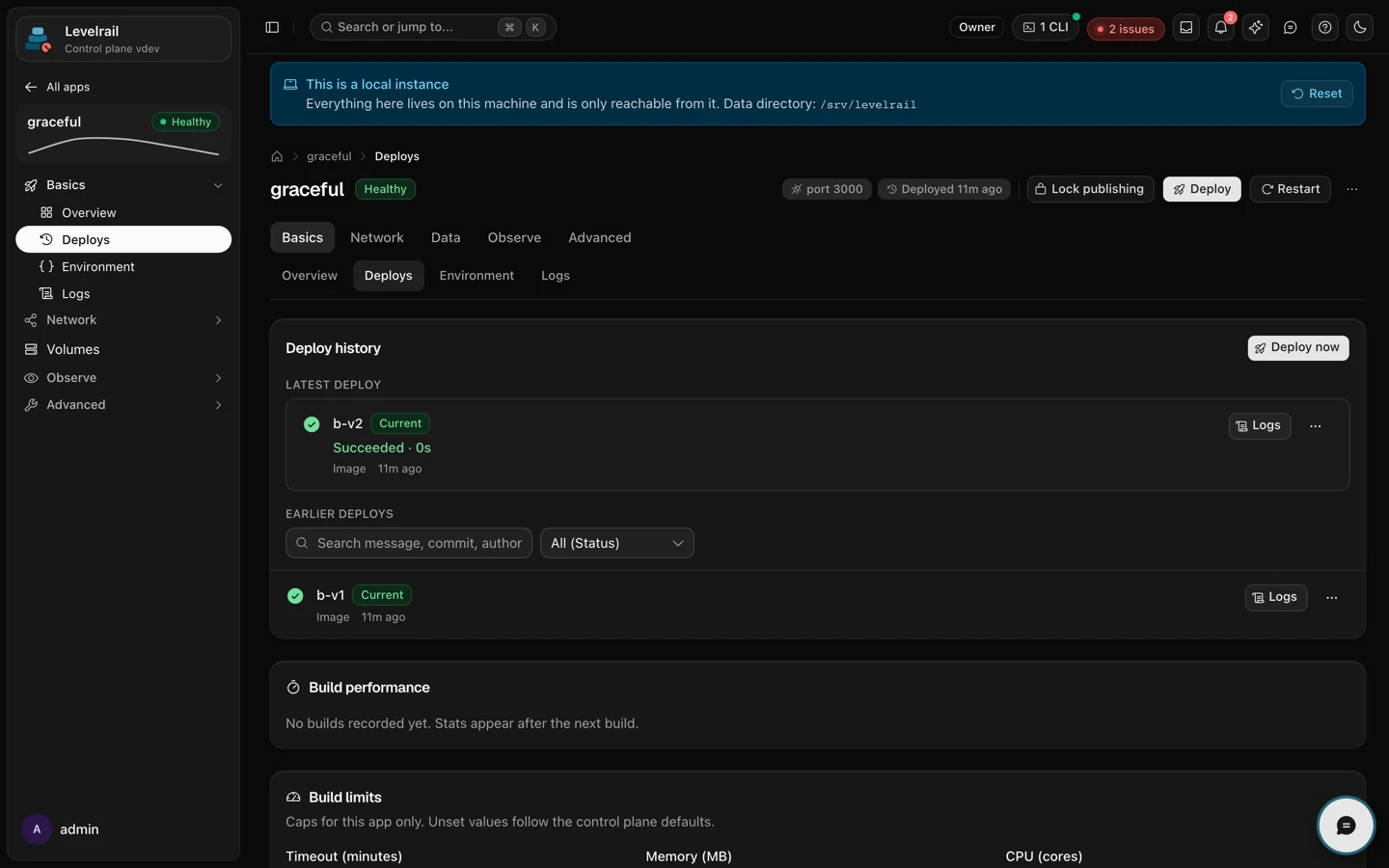 The Deploys page of the graceful app, full view