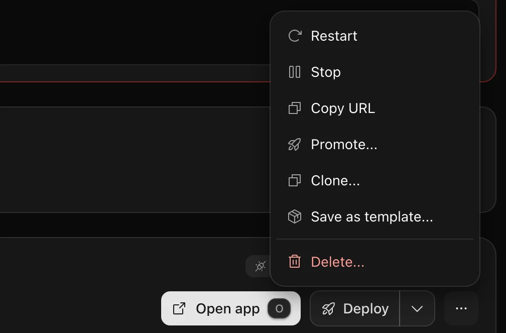 The app overview with the more actions menu open and Restart as the first item