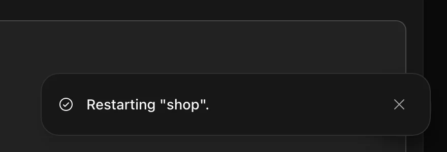 A toast reading Restarting shop