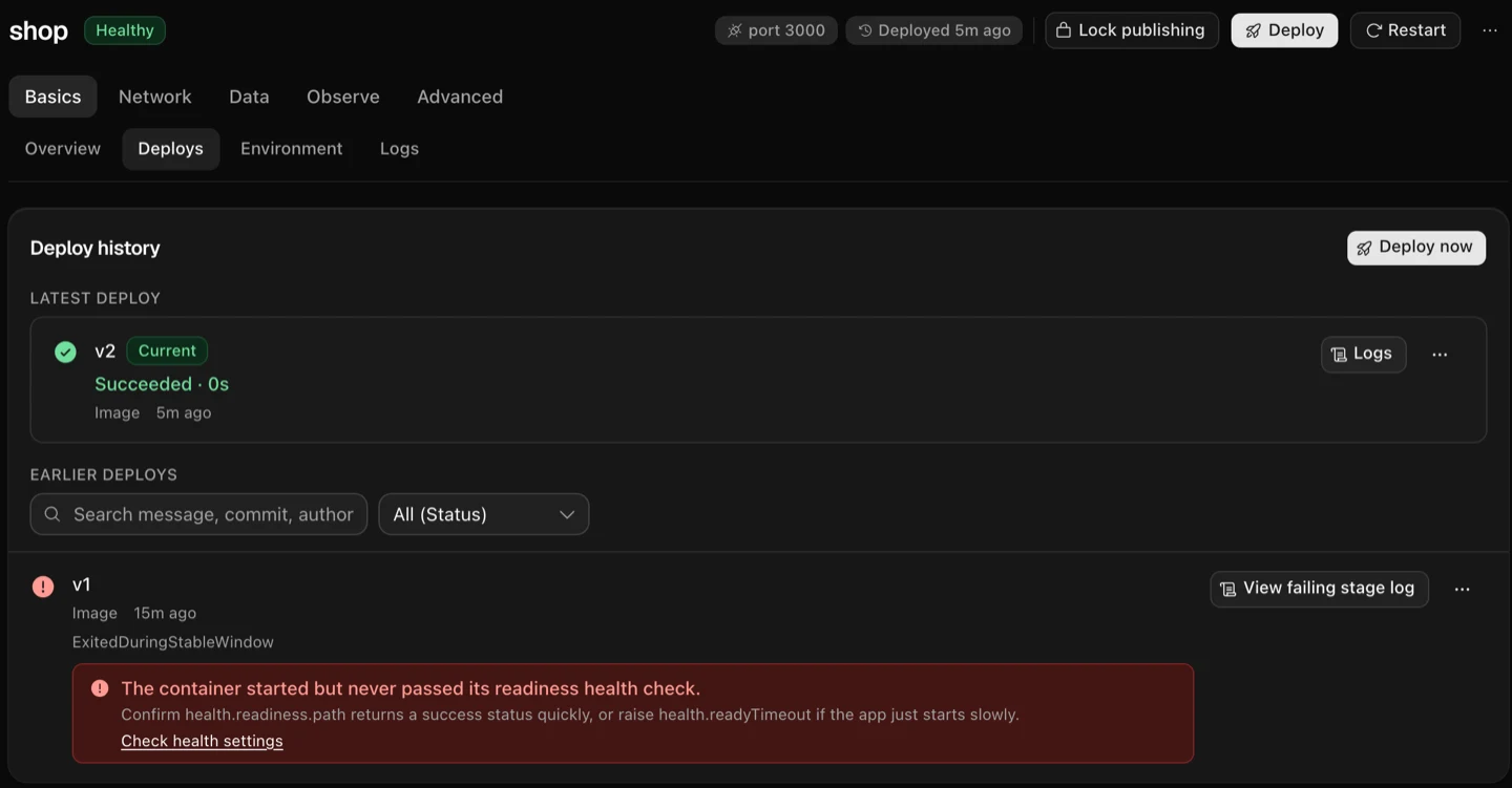 The Deploys page after the failed restarts, with the first deploy v1 shown as failed