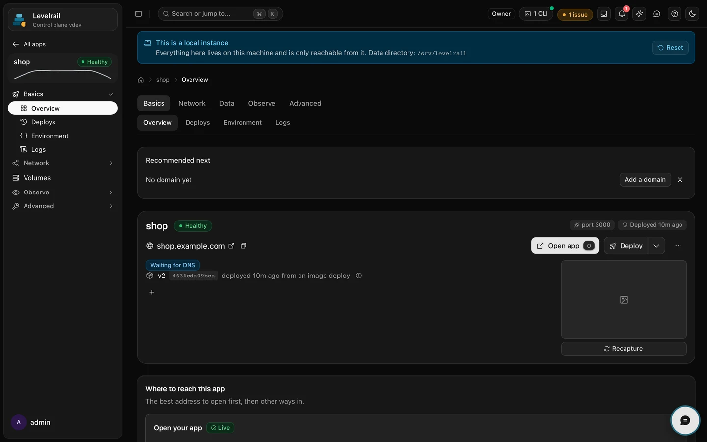 The app overview in the dashboard showing a Healthy badge after the rollback