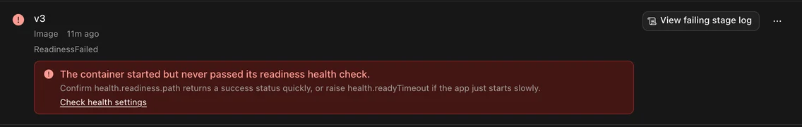 The deploy history after the rollback: the failed v3 row shows the readiness error and the fix