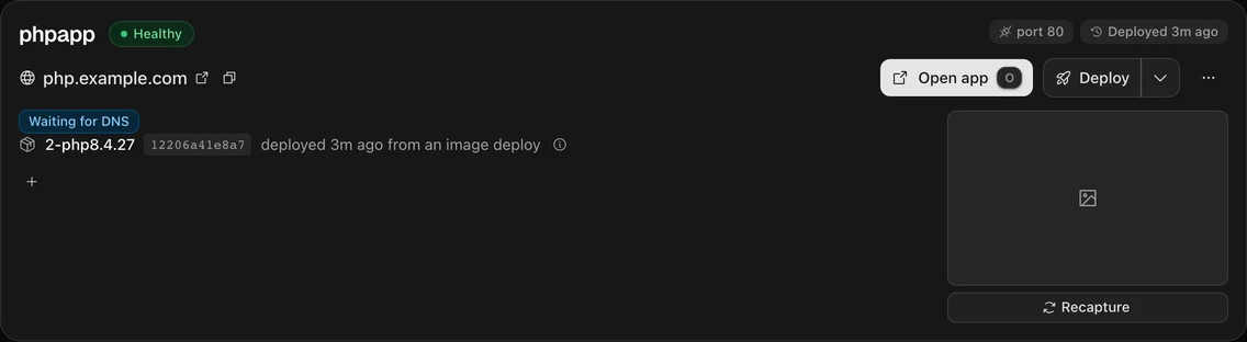 The app overview in the dashboard showing Healthy and the 2-php8.4.27 release serving
