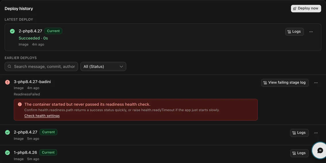 The deploy history with the failed bad-ini row, its readiness error, and the patched release still Current