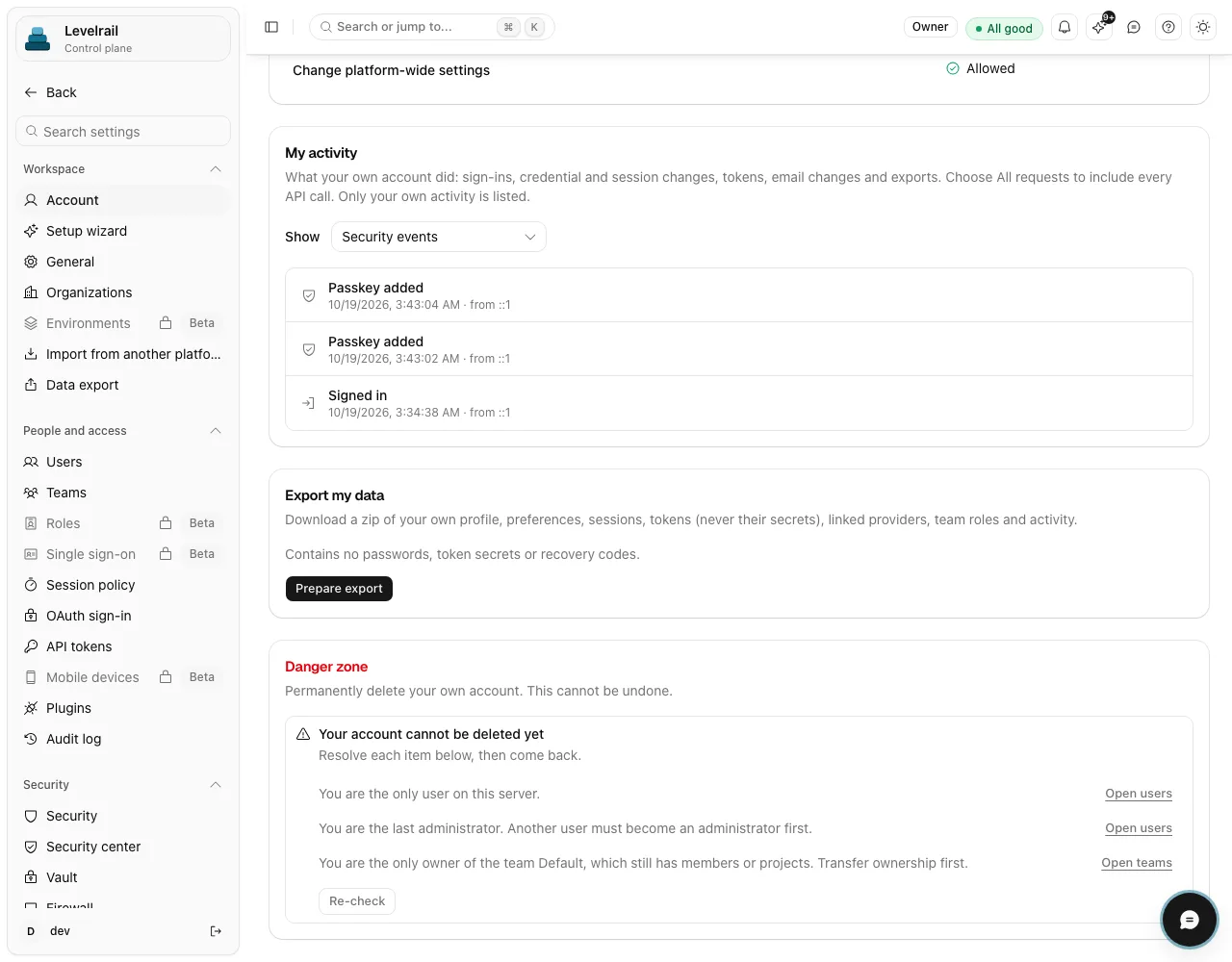 The My activity section of account settings listing security events such as passkey added and signed in, next to an Export my data section.