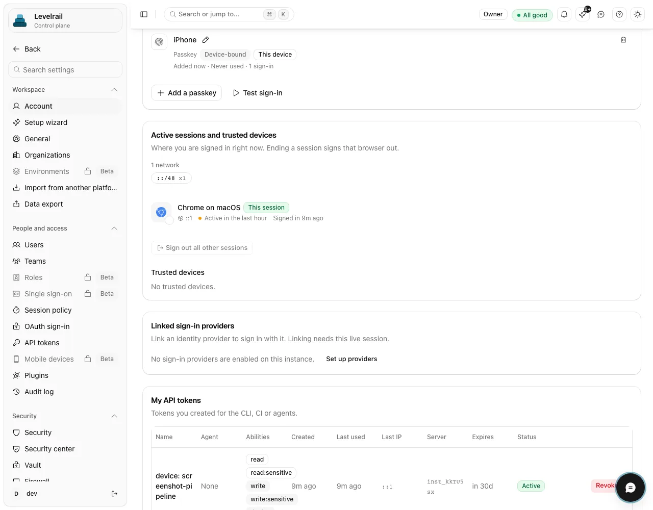 Account settings showing a registered passkey, active sessions and trusted devices, linked sign-in providers, and an API tokens table with abilities such as read, read:sensitive and write.
