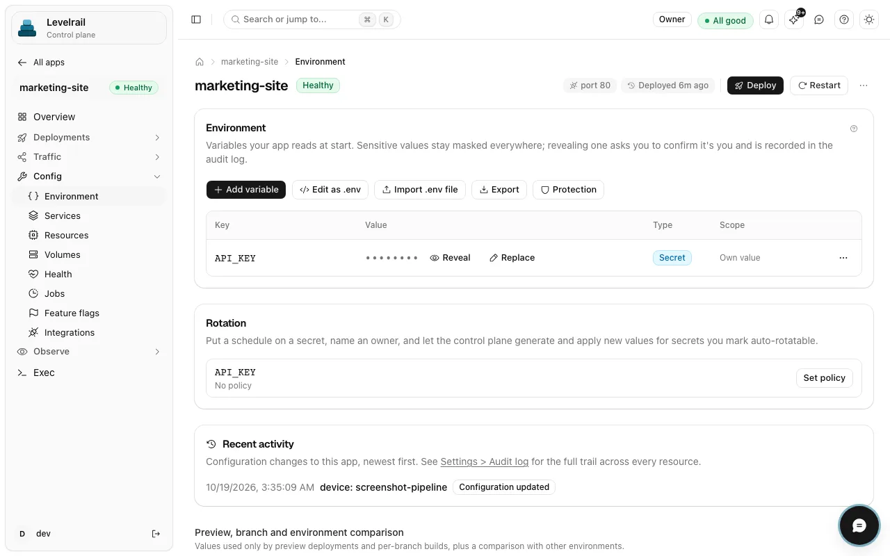 The Environment page of an app named marketing-site, showing an API_KEY variable of type Secret with its value masked, buttons to add a variable or import a .env file, and a rotation section.