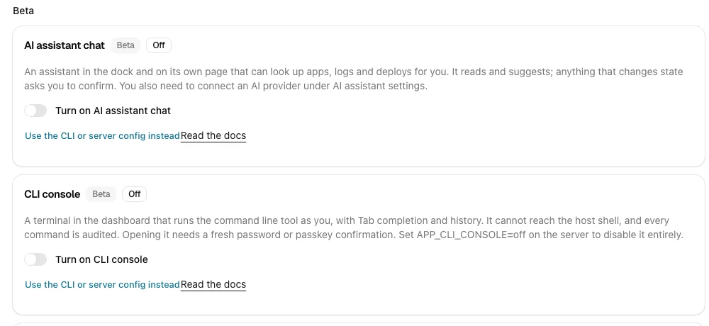 The Beta features page of the dashboard: AI assistant chat and CLI console, each with a Beta badge and a switch that starts off.