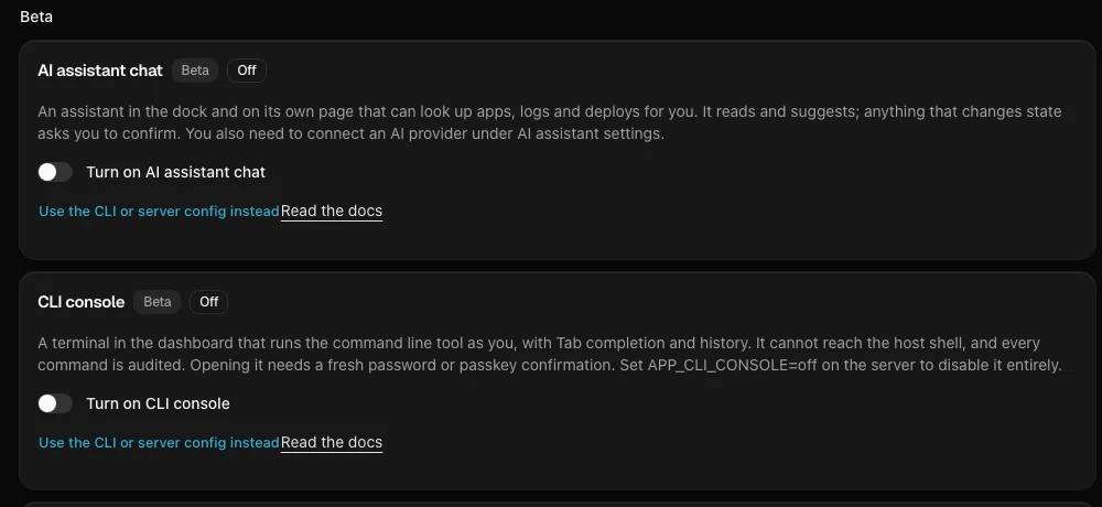 The Beta features page of the dashboard: AI assistant chat and CLI console, each with a Beta badge and a switch that starts off.