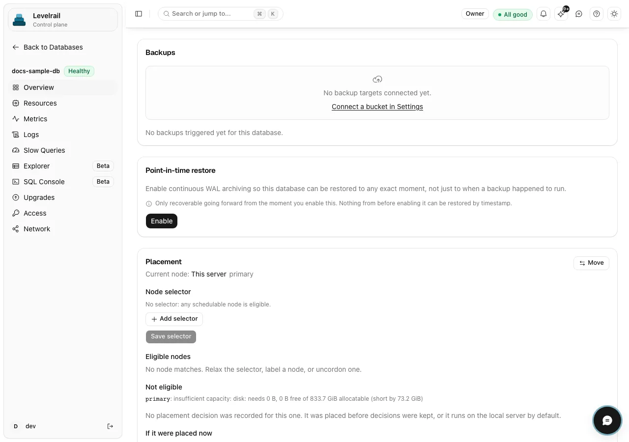 The Backups section of a database named docs-sample-db, saying no backup targets are connected yet, followed by a Point-in-time restore card with an Enable button and a Placement card.