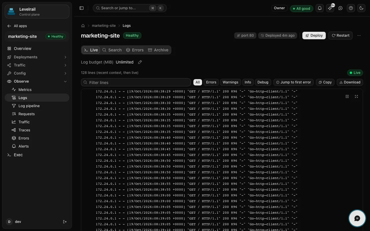The Logs view of an app named marketing-site with Live, Search, Errors and Archive tabs, level filters, and a stream of HTTP request log lines.