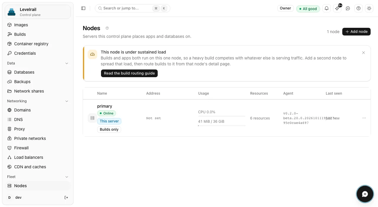 The Nodes page showing one online node named primary marked as this server and builds only, with a banner suggesting a second node to spread load.