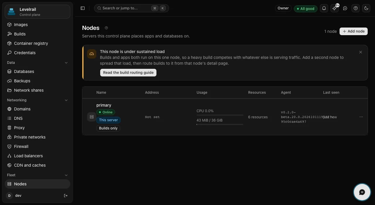 The Nodes page showing one online node named primary marked as this server and builds only, with a banner suggesting a second node to spread load.