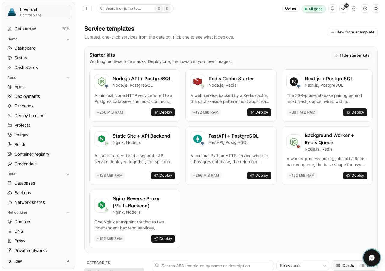 The Service templates page with starter kits such as Node.js API plus PostgreSQL and Redis Cache Starter, each with a Deploy button, and a search box over 358 templates.