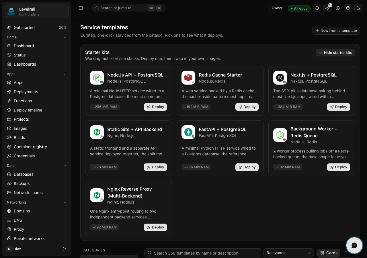 The Service templates page with starter kits such as Node.js API plus PostgreSQL and Redis Cache Starter, each with a Deploy button, and a search box over 358 templates.